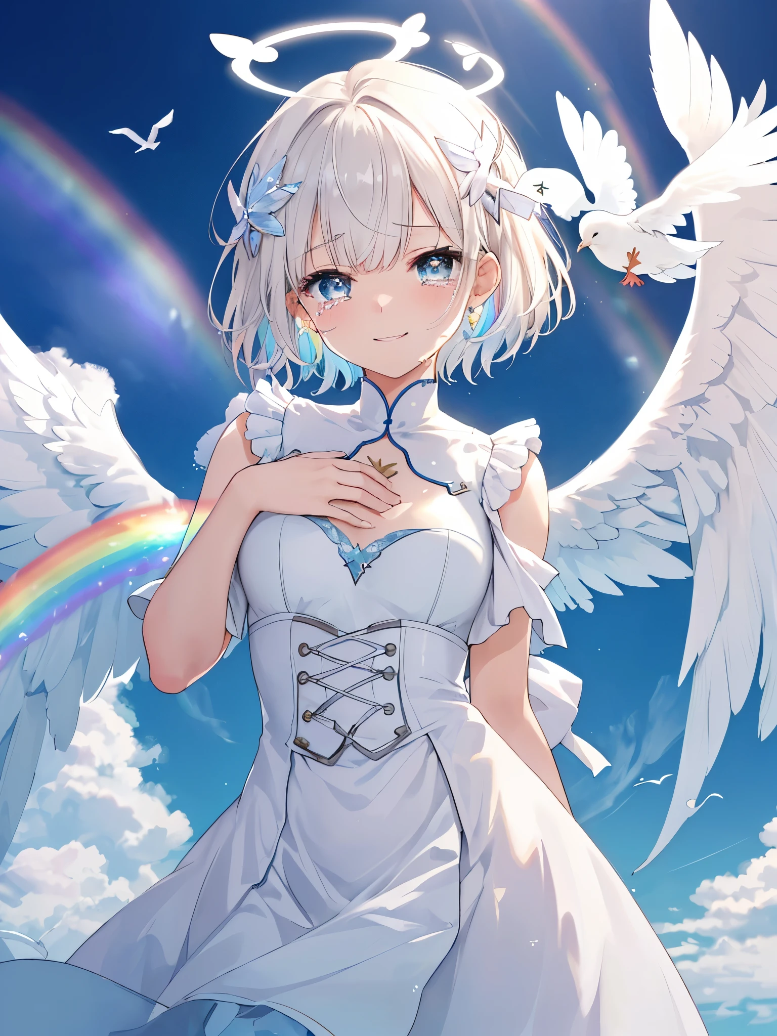 (((Extreme close-up　tears　smile　Low - Angle　Dove of peace　Angel Halo)))　((輝くtears　Rainbow Eyes　Short Hair　Receiving the light　Rainbow light　Place your hand on your chest))　(Shining Edge　　Pillar of Light)