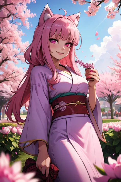 A young pink haired wolf woman with violet eyes and pink wolf ears and a pink wolf tail in a prettty kimono is smiling in a flur...