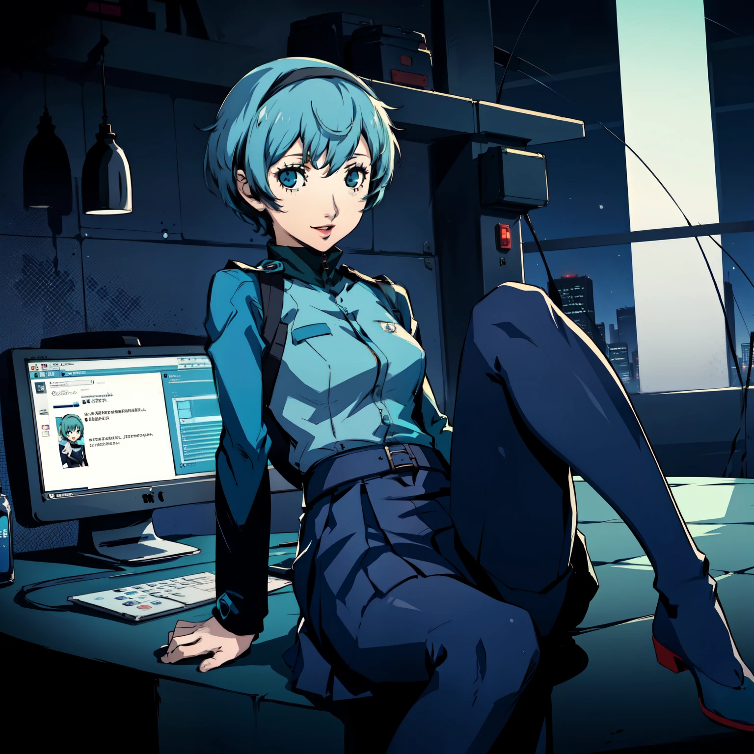 ((P3 Yamagishi Fuuka)),masterpiece, ((best quality)),((1 girl)), blue eyes, light aqua hair, female , tomboy Pixie haircut, deep blue suit,smiling,hacker,in the,dark room,sitting,looking monitor,long skirt,cute
