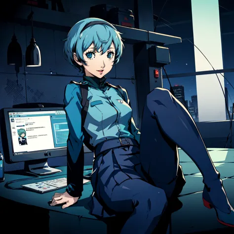 ((p3 yamagishi fuuka)),masterpiece, ((best quality)),((1 girl)), blue eyes, light aqua hair, female , tomboy pixie haircut, deep...