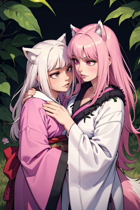 A young pink haired wolf woman with violet eyes and pink wolf ears and a pink wolf tail in a prettty kimono is hugging a young w...