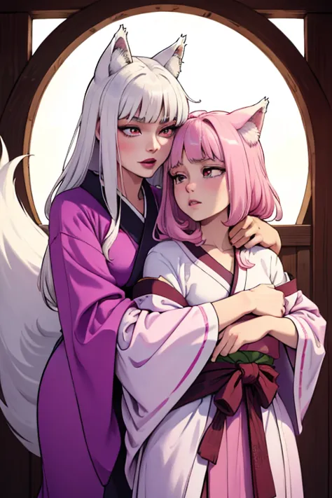 A young pink haired wolf woman with violet eyes and pink wolf ears and a pink wolf tail in a prettty kimono is hugging a young w...