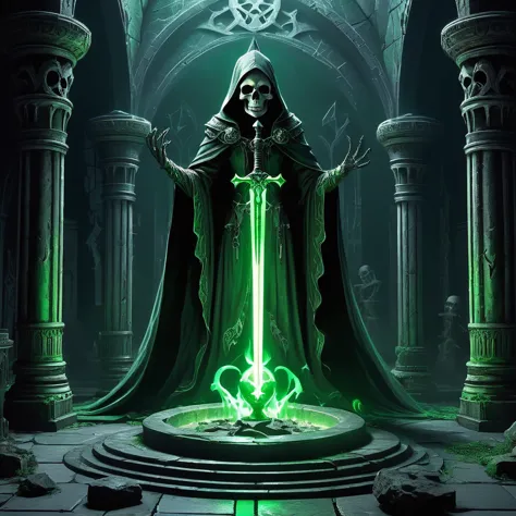 Imagine a medieval fantasy setting where a necromancer's weapon rests ominously on a stone altar within a dark, shadowy crypt. T...