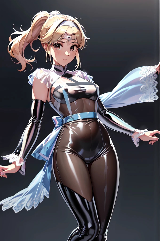 1girl,solo,(clergy:1.4),cowboy shot,standard height,standing,(blonde hair:1.4),long hair,ponytail,parted bangs, circlet, headband,(brown eyes:1.4),(beautiful fingers:1.6),(perfect anatomy:1.4),(arms_behind_back:1.6),(cold_shoulder:1.2),(pastel blue lace glossy silk lamé nun clothes:1.6),(dress:1.2),(latex luster shiny glossy metallic:1.4),(shiny_clothes:1.4),small breasts,masterpiece,best quality,(Ultra high definition eyes:1.2),8k,(Beautiful detailed eyes:1.2),(Fine and beautiful eyes:1.2),(pretty eyes:1.2),finely detail,extremely CG, absurdres,high resolution,illustration,Detailed and beautiful outlines,finely detail,high resolution,(colorful refraction:1.4,Increase saturation:1.2),beautiful lighting,dynamic lighting,closed room,black background,simple background, smile,looking at viewer,(white Clear PVC sheets sleeves:1.4),(sheer sleeves:1.4),(see-through sleeves:1.4),(wide sleeves:1.2),(white thigh boots)