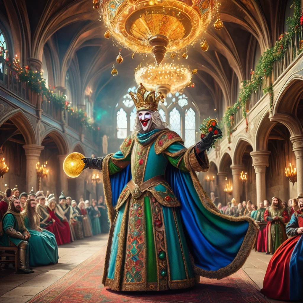 Imagine a medieval jester performing in the grand hall of a royal court, filled with opulent decorations and noble spectators. The jester, dressed in a brightly colored outfit adorned with bells and intricate patterns, moves with nimble grace, juggling enchanted orbs that glow with magical light. His face is painted in a cheerful yet mischievous expression, and his eyes twinkle with clever wit and hidden knowledge. The hall itself is adorned with rich tapestries depicting heroic tales and grand feasts, and the air is filled with the sounds of laughter and music. The king and queen sit on their thrones, their faces lit with amusement, as courtiers and knights watch the performance. Capture the lively and enchanting atmosphere of this medieval fantasy royal court, where the jester's antics bring joy and a touch of magic to the noble gathering.