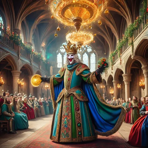 Imagine a medieval jester performing in the grand hall of a royal court, filled with opulent decorations and noble spectators. T...