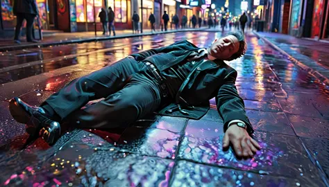 Middle-aged man slumped on the ground in the city after being kicked out of an exclusive club, Full body, Wide angle, 4K (man) H...