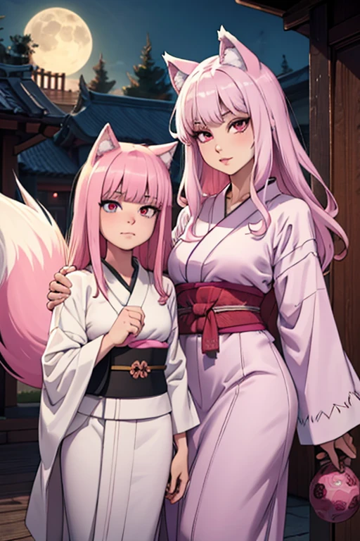 Eine junge Wolfskönigin mit rosa Haaren, violetten Augen, rosa Wolfsohren und einem rosa Wolfsschwanz in einem hübschen Kimono posiert mit einer jungen Wolfskönigin mit weißen Haaren, grünen Augen, weißen Wolfsohren und einem weißen Wolfsschwanz in einem hübschen Kimono.
