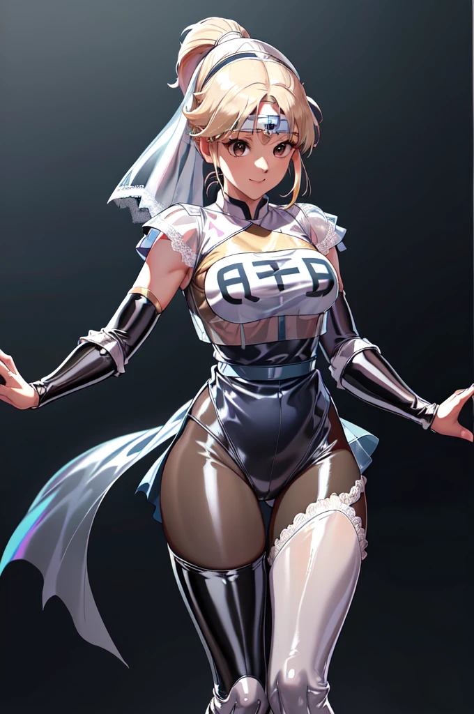 1girl,solo,(clergy:1.4),cowboy shot,standard height,standing,(blonde hair:1.4),long hair,ponytail,parted bangs, circlet, headband,(brown eyes:1.4),(beautiful fingers:1.6),(perfect anatomy:1.4),(arms_behind_back:1.6),(cold_shoulder:1.2),(pastel blue lace glossy silk lamé nun clothes:1.6),(dress:1.2),(latex luster shiny glossy metallic:1.4),(shiny_clothes:1.4),small breasts,masterpiece,best quality,(Ultra high definition eyes:1.2),8k,(Beautiful detailed eyes:1.2),(Fine and beautiful eyes:1.2),(pretty eyes:1.2),finely detail,extremely CG, absurdres,high resolution,illustration,Detailed and beautiful outlines,finely detail,high resolution,(colorful refraction:1.4,Increase saturation:1.2),beautiful lighting,dynamic lighting,closed room,black background,simple background, smile,looking at viewer,(white Clear PVC sheets sleeves:1.4),(sheer sleeves:1.4),(see-through sleeves:1.4),(wide sleeves:1.2),(white thigh boots)