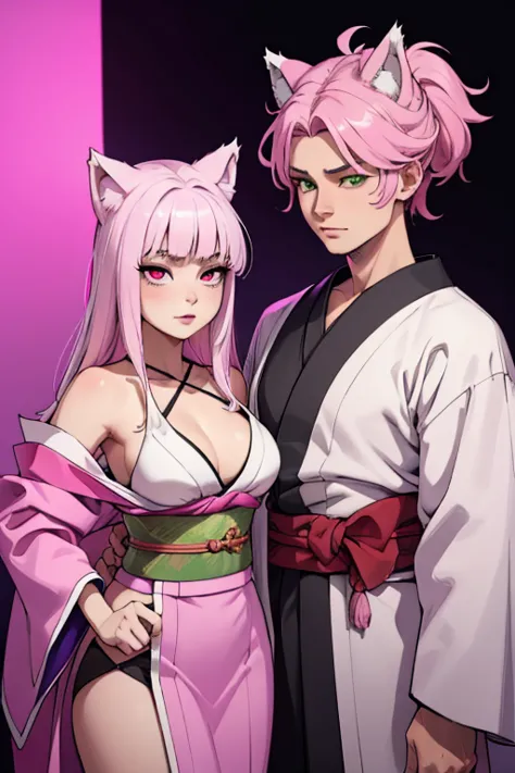A young pink haired wolf woman with violet eyes and pink wolf ears and a pink wolf tail in a prettty kimono is posing with a you...