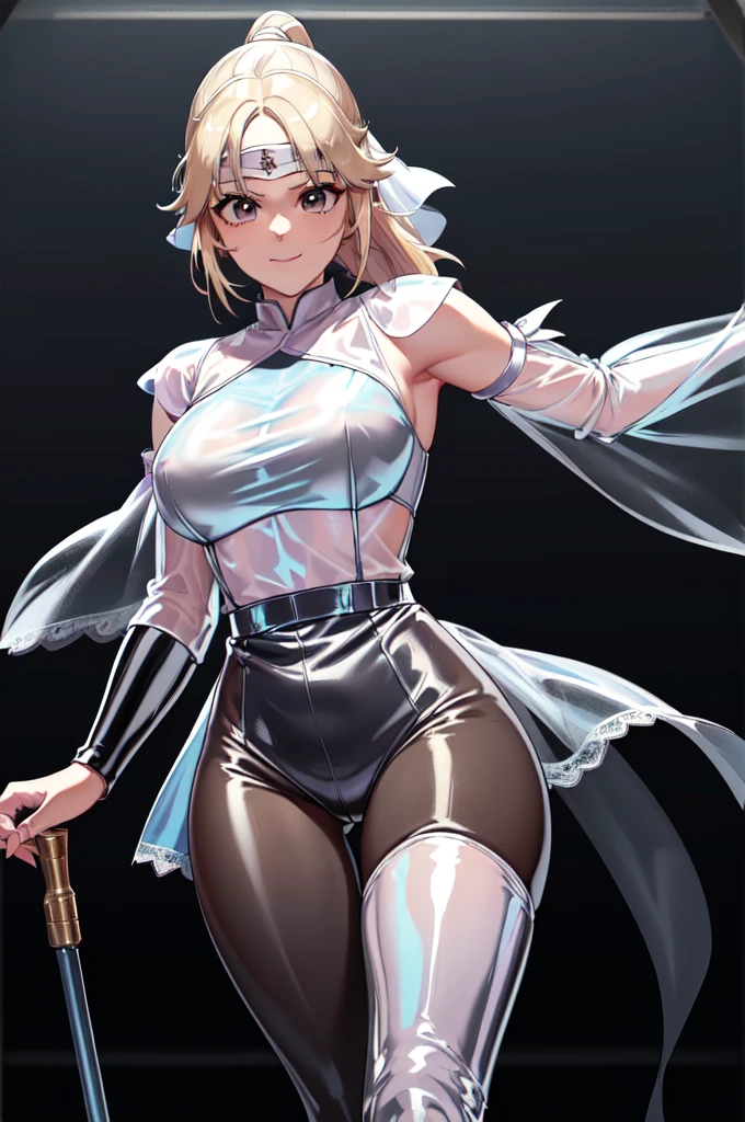 1girl,solo,(clergy:1.4),cowboy shot,standard height,standing,(blonde hair:1.4),long hair,ponytail,parted bangs, circlet, headband,(brown eyes:1.4),(beautiful fingers:1.6),(perfect anatomy:1.4),(arms_behind_back:1.6),(cold_shoulder:1.2),(pastel blue lace glossy silk lamé nun clothes:1.6),(dress:1.2),(latex luster shiny glossy metallic:1.4),(shiny_clothes:1.4),small breasts,masterpiece,best quality,(Ultra high definition eyes:1.2),8k,(Beautiful detailed eyes:1.2),(Fine and beautiful eyes:1.2),(pretty eyes:1.2),finely detail,extremely CG, absurdres,high resolution,illustration,Detailed and beautiful outlines,finely detail,high resolution,(colorful refraction:1.4,Increase saturation:1.2),beautiful lighting,dynamic lighting,closed room,black background,simple background, smile,looking at viewer,(white Clear PVC sheets sleeves:1.4),(sheer sleeves:1.4),(see-through sleeves:1.4),(wide sleeves:1.2),(white thigh boots)