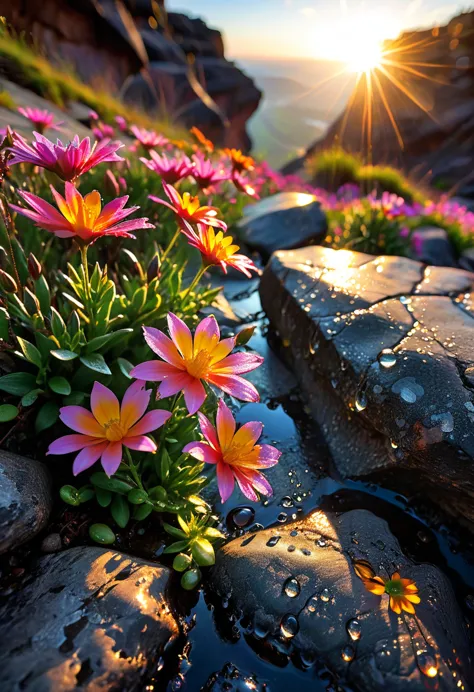 the first rays of sunlight in the morning，cliff，dew drops on beautiful flowers in cracks of rocks，(sunrise)，beautiful picture，hd...