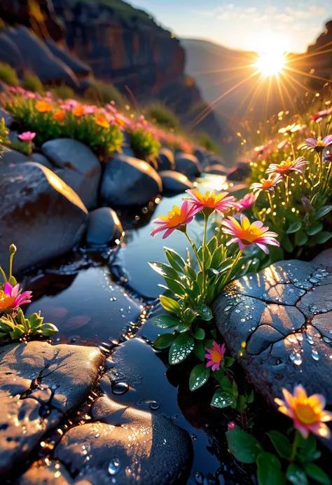 the first rays of sunlight in the morning，cliff，dew drops on beautiful flowers in cracks of rocks，(sunrise)，beautiful picture，hd...