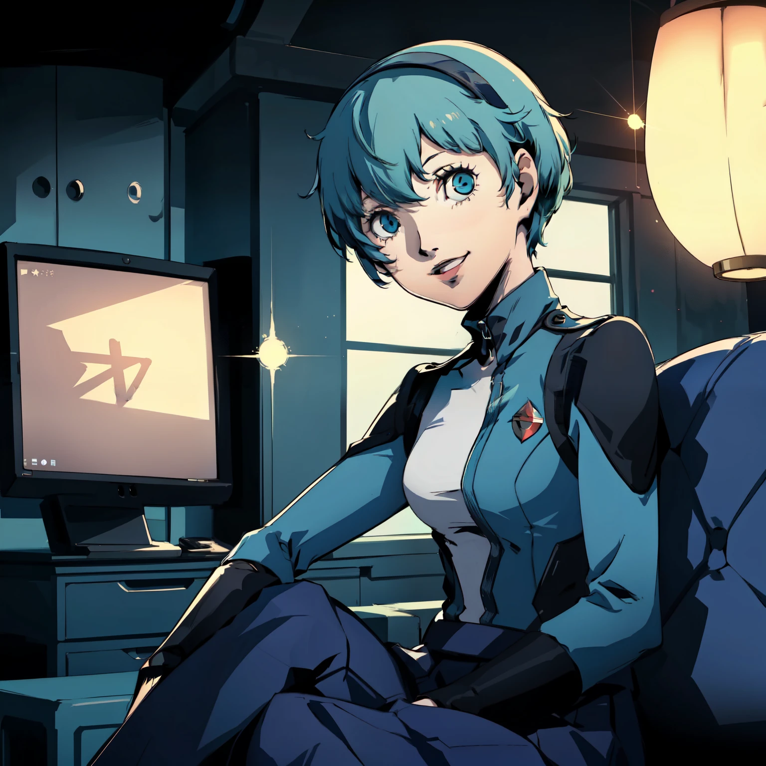 ((P3 Yamagishi Fuuka)),masterpiece, ((best quality)),((1 girl)), blue eyes, light aqua hair, female , tomboy Pixie haircut, deep blue suit,smiling,hacker,in the,dark room,sitting,looking monitor,long skirt,cute
