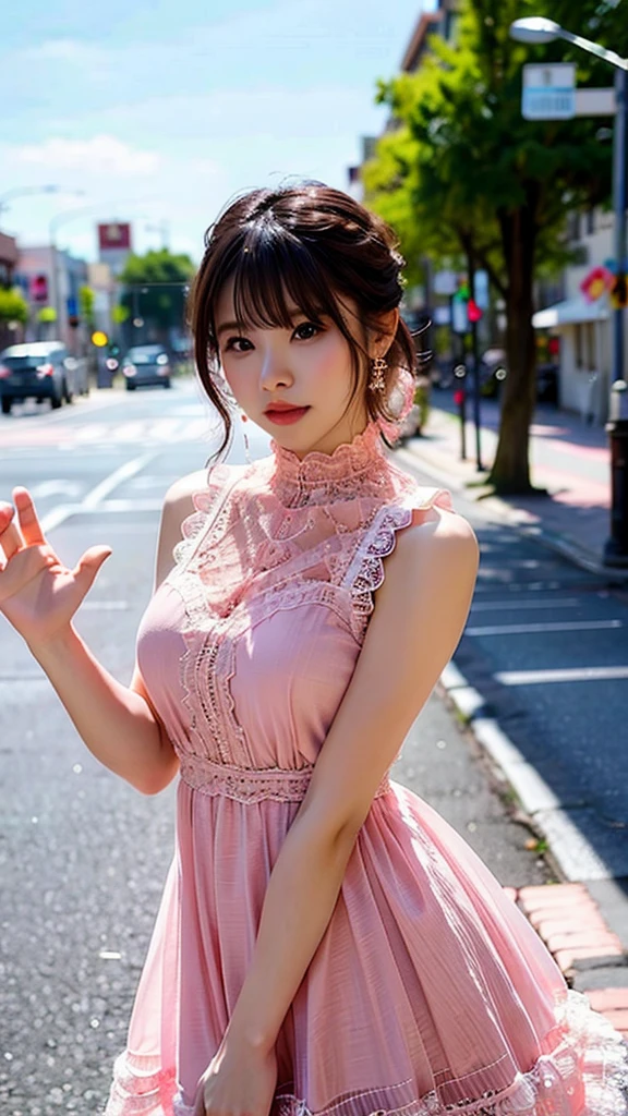 a woman posing on the street corner with pink dress on, best quality, high res, 8k, 1girl, (huge breasts), day, bright, outdoor, (street:0.8), (people, crowds:1), (lace-trimmed dress:1.5, pink clothes:1.5, pink high-neck dress:1.5, sleeveless dress, pink dress: 1.5), gorgeous, (medium hair), beautiful detailed sky, beautiful earrings, (dynamic pose:0.8), (upper body:1.2), soft lighting, wind, shiny skin, looking at viewer,  