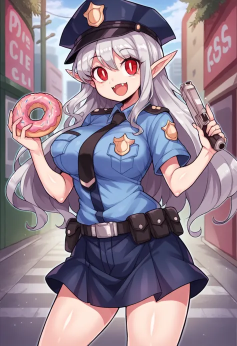 ((perfect human body)),one girl, red eyes, wavy silver hair, pointed ears, vampire, drooping eyes,police uniform,happy expressio...