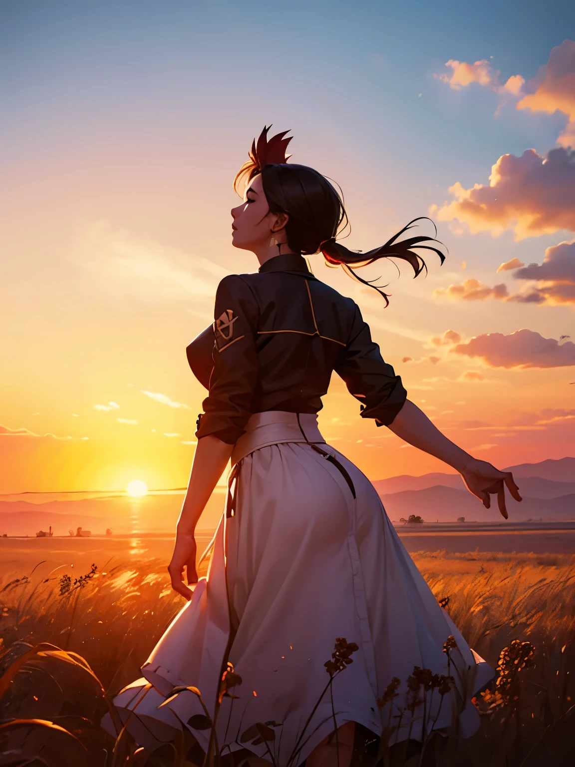 Rooster crowing at sunrise、Very detailedな羽、Beautiful sunrise、Golden Hour Lighting、Peaceful rural landscape、Lush pastures、Gentle hills、Morning Dew、Warm natural tones、Photorealistic、Exquisite details、8K、((masterpiece))、Hyperrealistic、Professional Quality、Very detailed