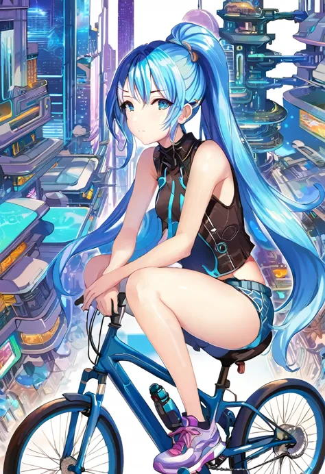 a girl sitting on top of bicycle, dolphin shorts, blue hair, ponytail, A complex machinery structure in a futuristic city

