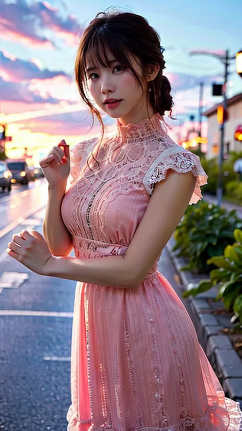 a woman posing on the street corner with pink dress on, best quality, high res, 8k, 1girl, (huge breasts), day, bright, outdoor,...