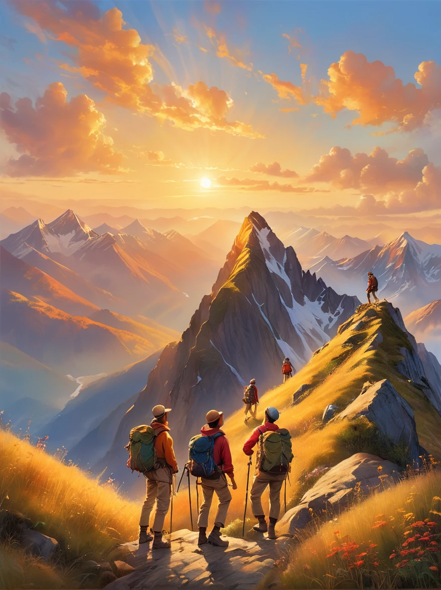 An expressive image that captures the emotion of an adventure filled with heartfelt moments. Imagine a scene where a group of explorers of various descents and genders experiencing a beautiful sunrise after a tough hike. They are standing at the mountain peak, their faces glow with joy and satisfaction. They are closer than ever, their bond forged by shared hardships and little victories. In the background, the rising sun casts a warm, golden light on the surrounding landscape, painting an exquisite picture of natural beauty and tranquility. There is a sense of accomplishment and deep connection between the adventurers, a moment they will cherish forever