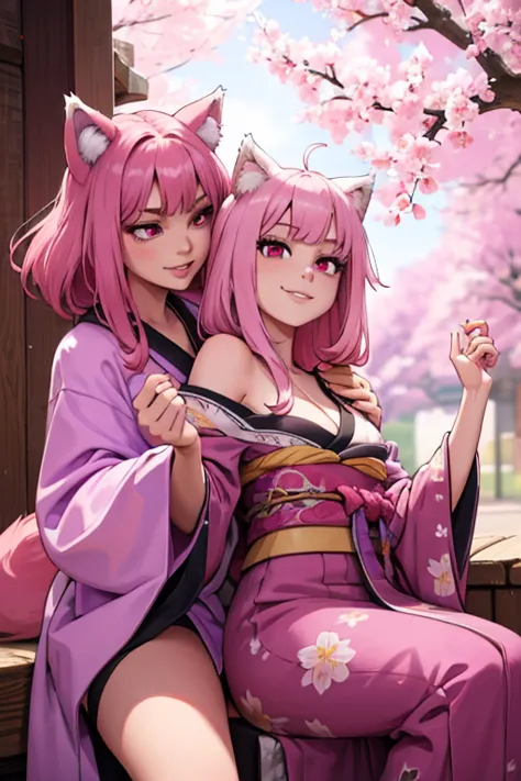 a young pink haired wolf woman with violet eyes and pink wolf ears and a pink wolf tail in a pretty kimono is dancing in a flurr...