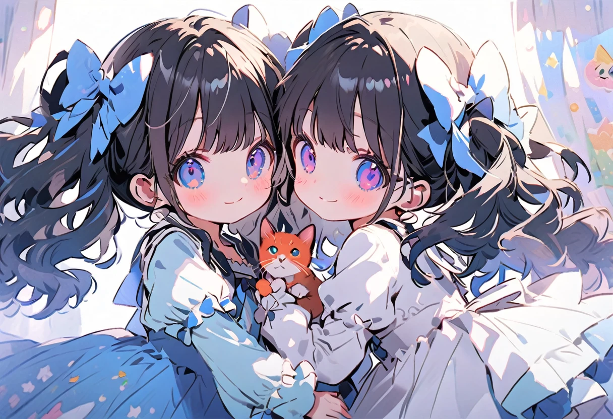 2Women\(Small ,cute,cute,10 years old,2 Pigtails,Curly Hair,Hair Color Cosmic,Big eyes,Eye color is cosmic,cute dress,[Cat ear:1.8],smile,cute pose,Long Shot\) AND 2Women\(Cat,子Cat\) BREAK ,background\(internal,Messy room,cute room,many 子Cat\), BREAK ,quality\(8k,Highly detailed CG unit wallpaper, masterpiece,High resolution,top-quality,top-quality real texture skin,surreal,Increase the resolution,RAW Photos,highest quality,Very detailed,wallpaper,Cinema Lighting,Ray-tracing,Golden Ratio\),(close up Cat:2.0),Dynamic Angle