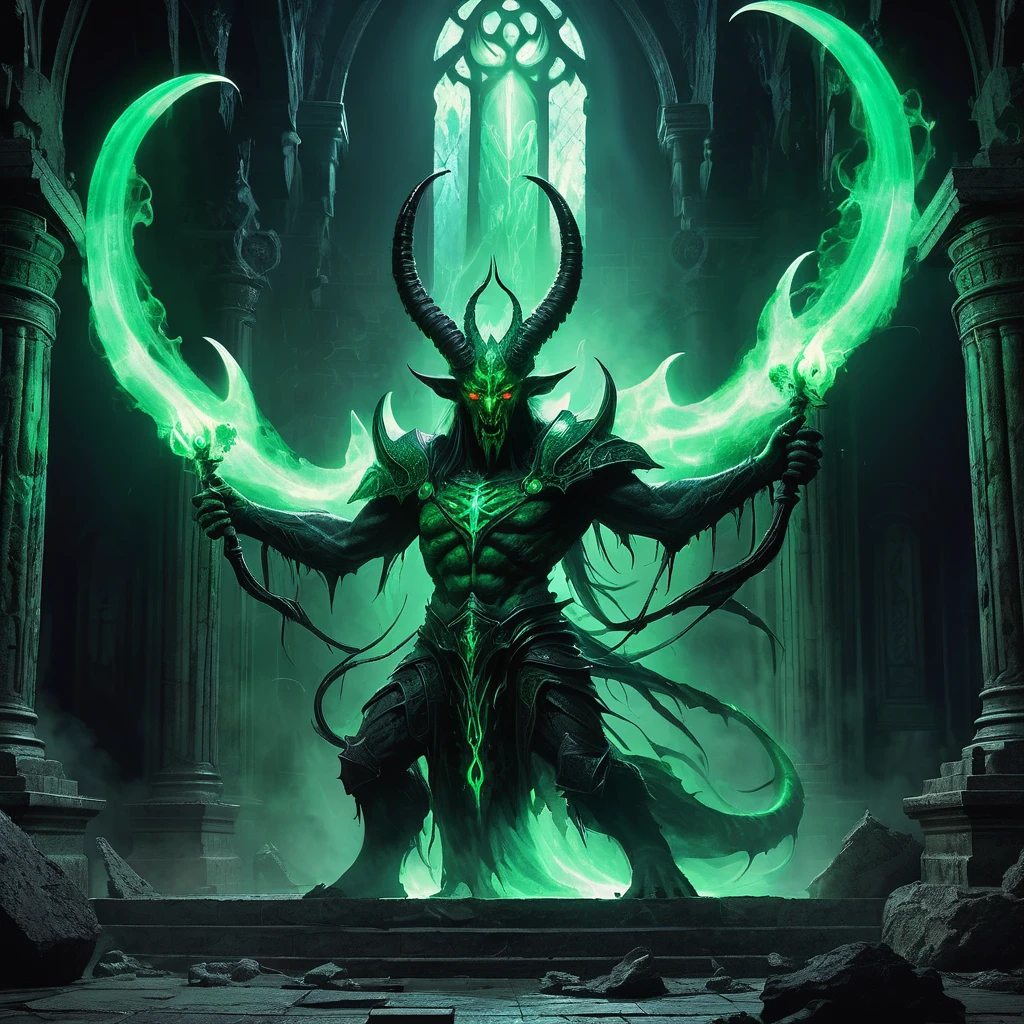 Envision an ancient demon emerging from the shadows of a crumbling, long-forgotten temple deep within a medieval fantasy realm. The demon's form is imposing and grotesque, with jagged horns, scaled skin, and eyes that burn with a malevolent glow. From its chest emanates a pulsating, eerie green light—the manifestation of its corrupted soul. The demon's presence warps the very air around it, causing the ancient stone walls to crack and the ground to tremble. Faded runes and ancient sigils adorn the temple's walls, remnants of forgotten wards that once tried to contain this dark entity. The air is thick with the stench of decay and the sound of distant, mournful wails. Capture the sinister and terrifying essence of this ancient demon, a being of pure evil and immense power, as it stirs once more in the heart of the medieval fantasy world.