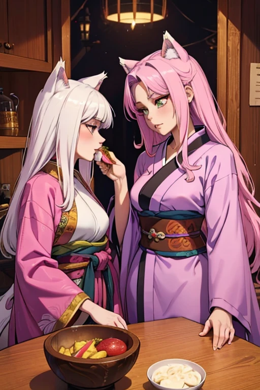 a young pink haired wolf woman with violet eyes with an hourglass figure and pink wolf ears and a pink wolf tail in a pretty kimono is eating dinner with a young white haired wolf woman with green eyes with an hourglass figure and white wolf ears and a white wolf tail in a pretty kimono