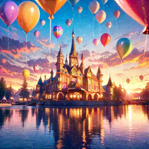 A sunset over a vibrant Candyland, with colorful balloons, ice cream, and drinks 🎈🍦🍹❤(😘👩🎀👗⚜👒👡💅)🎪🎢🎡🎠. The scene is full of excite...