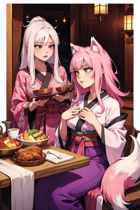 a young pink haired wolf woman with violet eyes with an hourglass figure and pink wolf ears and a pink wolf tail in a pretty kim...