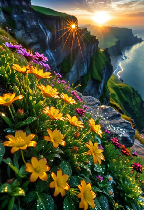 the first rays of sunlight in the morning，cliff，slopes，dew drops on beautiful flowers，(sunrise)，beautiful picture，hd wallpapers