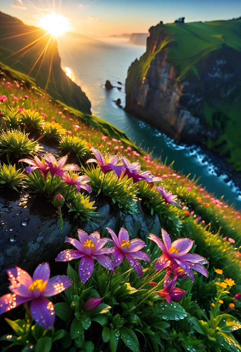 The first rays of sunlight in the morning，cliff，slopes，Dew drops on beautiful flowers，(sunrise)，Beautiful picture，HD Wallpapers