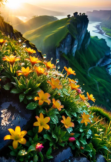 the first rays of sunlight in the morning，cliff，slopes，dew drops on beautiful flowers，(sunrise)，beautiful picture，hd wallpapers