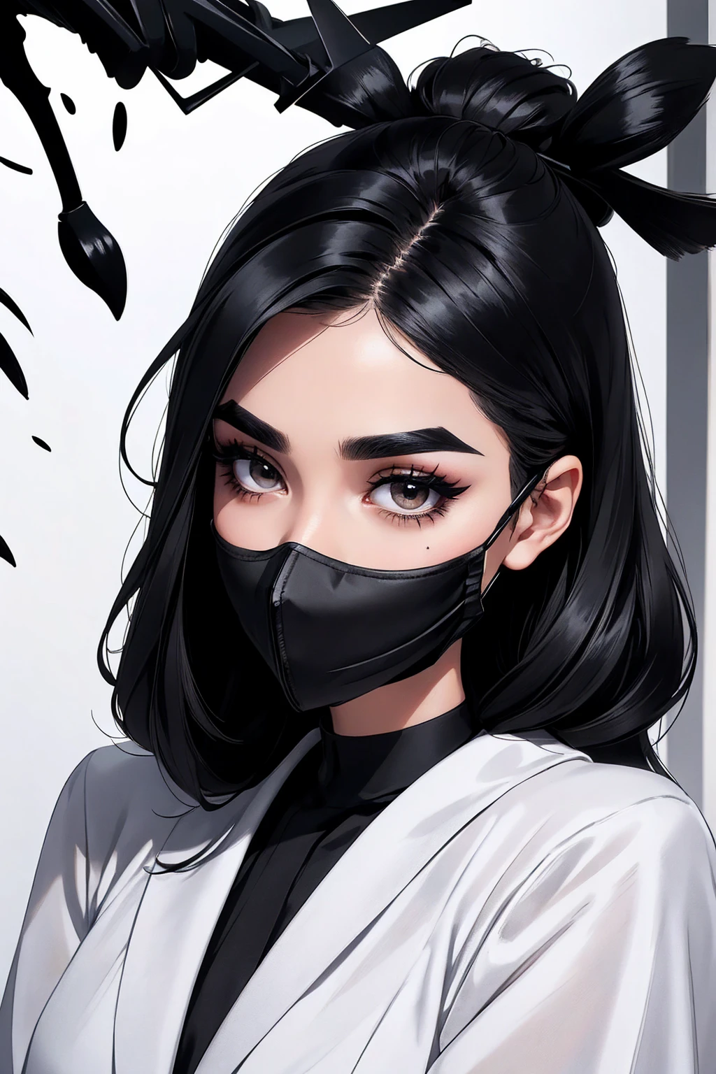 Beautiful face, wearing a face mask, black in colour, eyes lined with kohl, beautiful black eyebrows, hair styled in a fashionable way