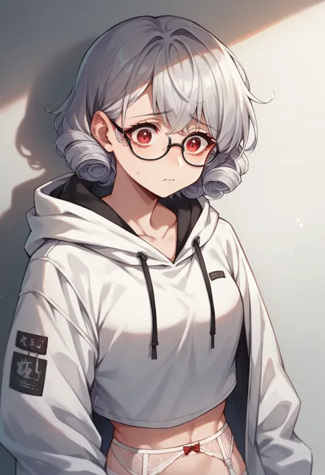 1girl,Silver Hair,Red eyes,Curly medium short hair,Square glasses,Wearing a large white coat,hoodie,,Dairy-free,garter belt,hot ...