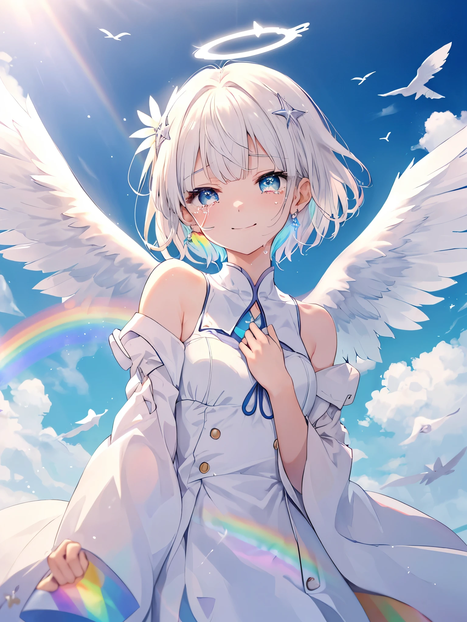 (((Extreme close-up　tears　smile　Low - Angle　Dove of peace　Angel Halo)))　((輝くtears　Rainbow Eyes　Short Hair　Receiving the light　Rainbow light　Place your hand on your chest))　(Shining Edge　　Pillar of Light)