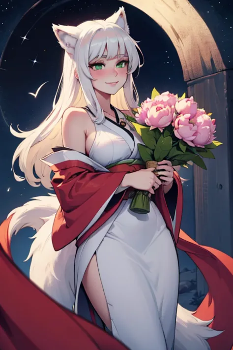 young white haired wolf woman with green eyes with an hourglass figure and white wolf ears and a white wolf tail in a pretty kim...