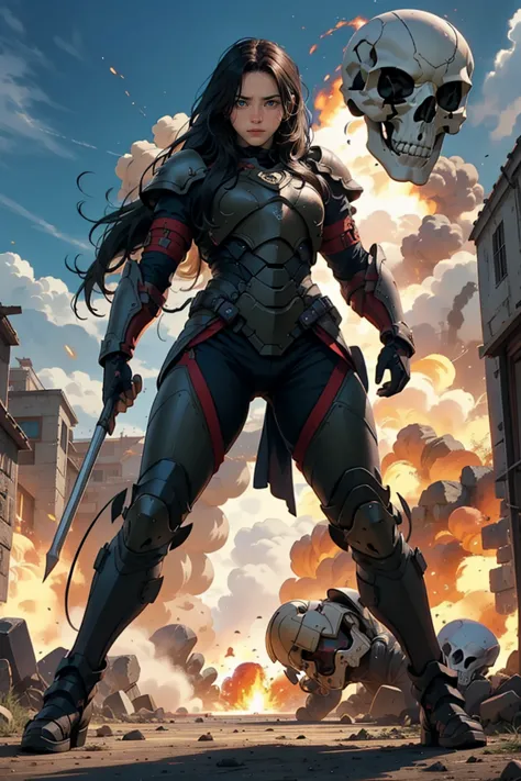1 girl, black long hair, wearing battle armor, pose, fullbody shot, hand holding head skull flag, at the battle place, explosion...