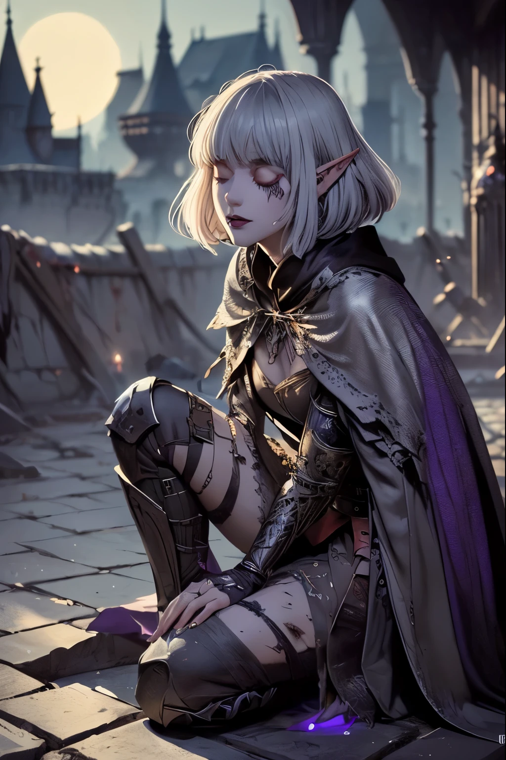 (Ultra-detailed face), (Fantasy Illustration with Gothic & Ukiyo-e & Comic Art), (Full Body, A middle-aged dark elf woman with silver hair, blunt bangs, disheveled bob cut, and dark purple skin, lavender eyes)