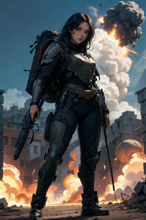 1 girl, black long hair, wearing battle armor, heavy backpack, pose, fullbody shot, shooting with heavy weapon, at the battle pl...