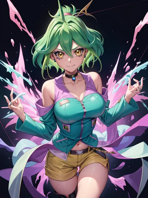 1girl, rin, green hair, short hair, yellow eyes, 
smile closed mouth ring earring locking at viewer large breasts huge breasts ,...