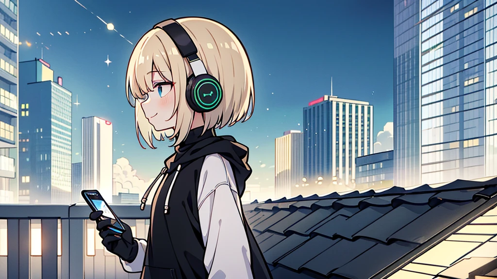 ((highest quality)), ((masterpiece)), (be familiar with), (Looking at a smartphone on the roof of a building)short hair、perfect face,white half-up hair,green mesh blonde、cool black hoodie,headphones,black gloves,turtleneck,alone,İcon、profile、Right beside、Expressionless、smile、Light-colored clothing