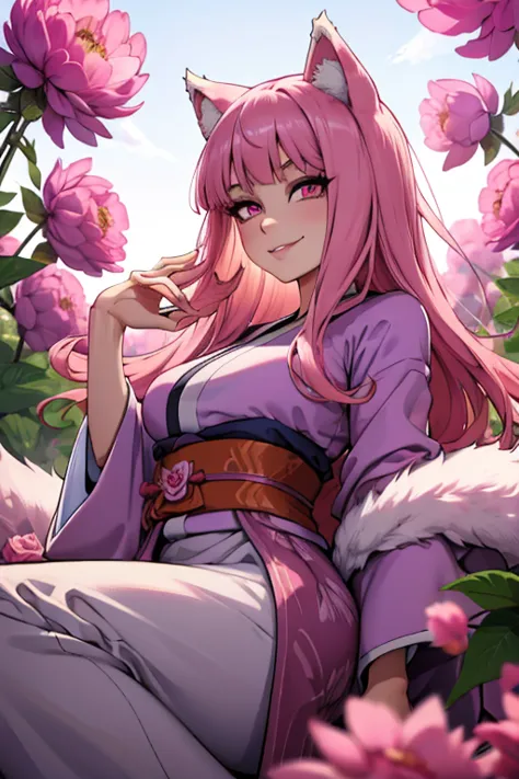 young pink haired wolf woman with violet eyes with an hourglass figure and pink wolf ears and a pink wolf tail in a pretty kimon...