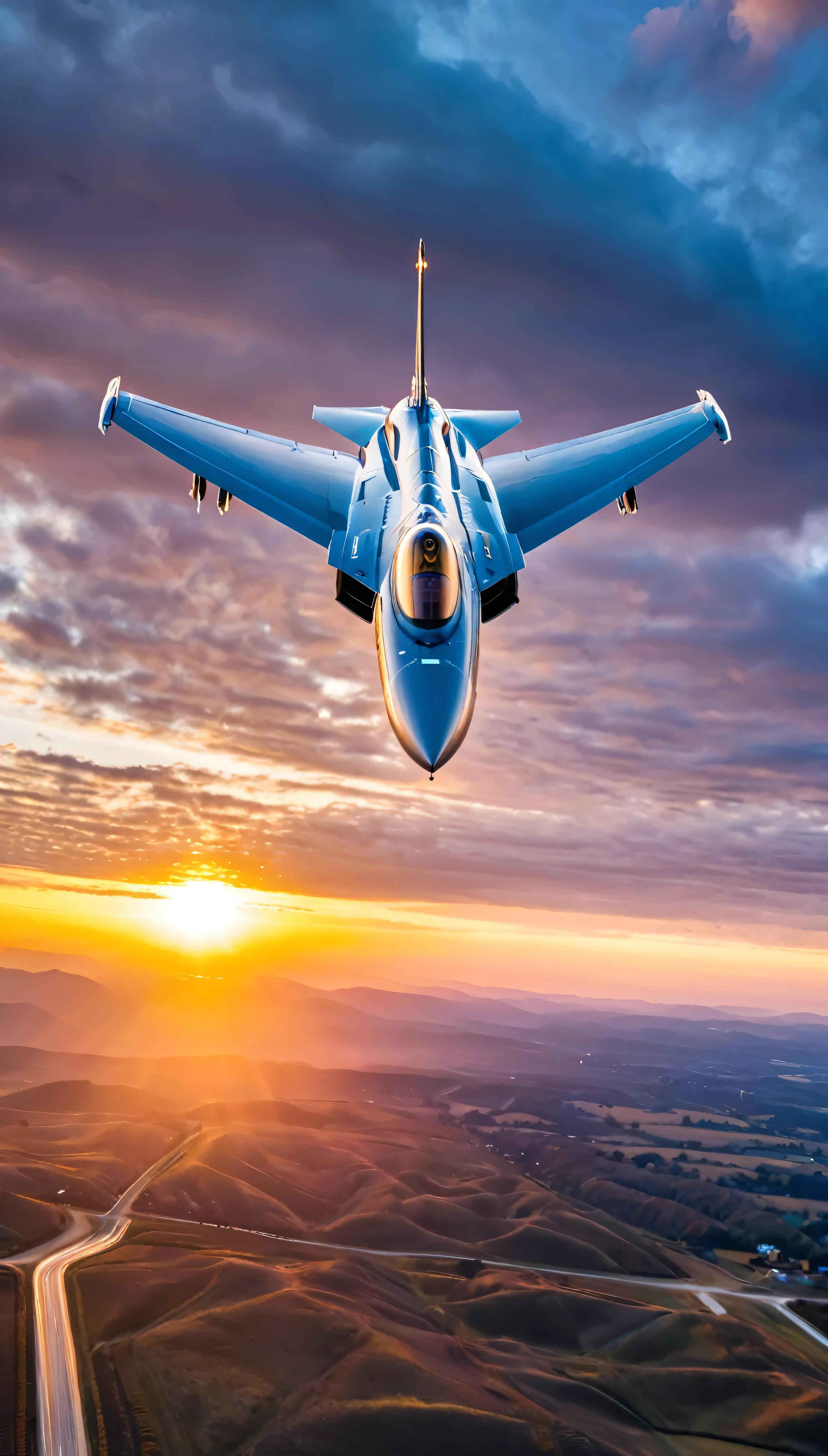 wide shot photo of Modern Fighter Jet, RAW, ((Fighter Jet):1.3), ((Majestic Decal):1.1), ((Tyndall Effect):1.2), ((Aerial view of the sunrise over a landscape):1.5), ((Sunrise illuminate dark twilight sky)1.4), ((Dark twilight sky):1.2), (finely detailed airplane), (detailed airplane), (flying into sunrise) (warm colors), breeze, breeze, reflection, (masterpiece), (perfect aspect ratio), (realistic photo), (best quality), (detailed) photographed on a Canon EOS R5, 50mm lens, F/2.8, HDR, (8k) (wallpaper) (cinematic lighting) (dramatic lighting) (sharp focus) (intricate). With a focus on high quality and accuracy, this award-winning portrayal captures every nuance in stunning 16k resolution, immersing viewers in its depiction. Avoid extreme angles to maintain realism. ((perfect_composition, perfect_design, perfect_layout, perfect_detail, ultra_detailed)), ((enhance_all, fix_everything)), More Detail, Enhance.