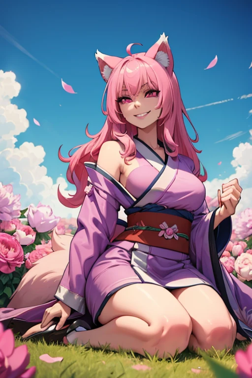 young pink haired wolf woman with violet eyes with an hourglass figure and pink wolf ears and a pink wolf tail in a pretty kimono is laying in a field of peonies with a big smile
