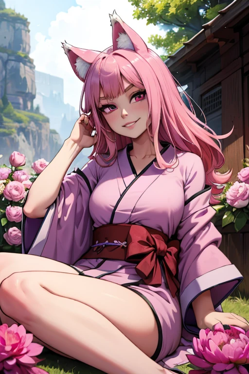 young pink haired wolf woman with violet eyes with an hourglass figure and pink wolf ears and a pink wolf tail in a pretty kimono is laying in a field of peonies with a big smile
