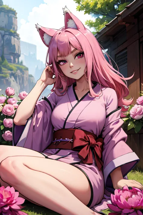young pink haired wolf woman with violet eyes with an hourglass figure and pink wolf ears and a pink wolf tail in a pretty kimon...