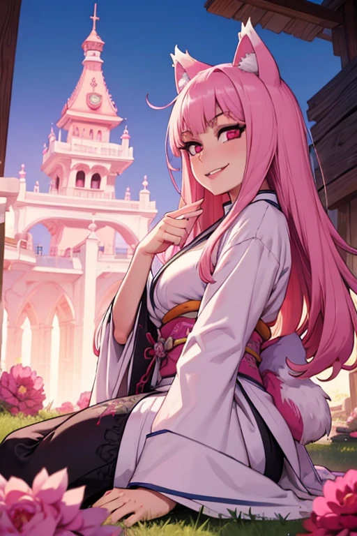 young pink haired wolf woman with violet eyes with an hourglass figure and pink wolf ears and a pink wolf tail in a pretty kimono is laying in a field of peonies with a big smile
