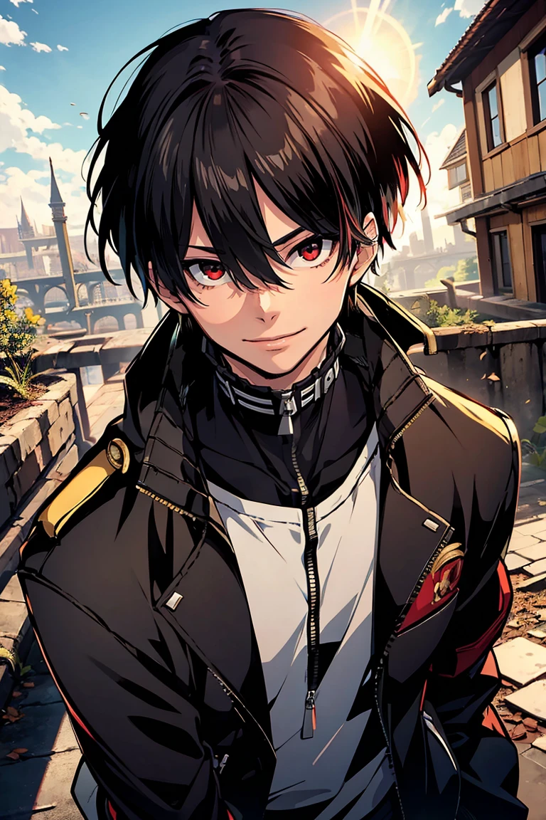 (masterpiece, best quality:1.2), rekkyou sensen,rekkyo sensen, hasuichi nishizono ,black hair, red eyes, boy, male, anime,1boy, bangs, hair between eyes, jacket, looking at viewer, male focus, short hair, solo, zipper, black underwear, silver choker, background with((fantasy world, ruin, castle, beautiful sky, shining sky, sunshine))