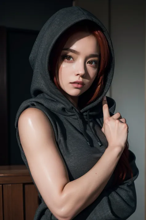 a woman, dressed in a dark hoodie, wearing a hood, flirtatious expression, red hair, upper body, inviting the viewer for a capti...